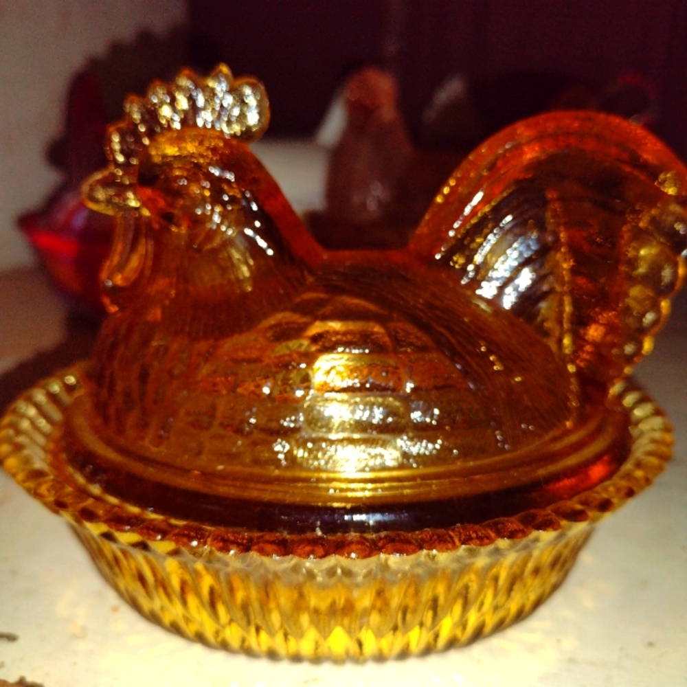 Vintage glass Amber rooster candy dish